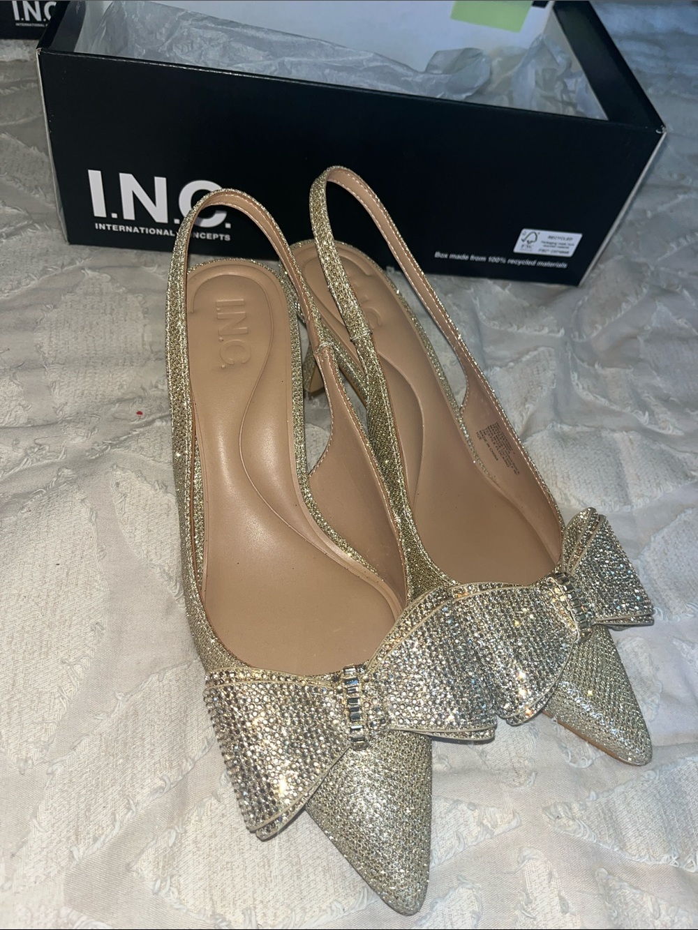 INC International Concepts Gold Glitter Slingback Pumps with Bow